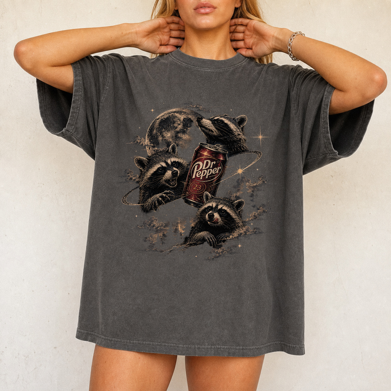 Vintage Retro Raccoon Moon Funny Graphic Tee product view 2