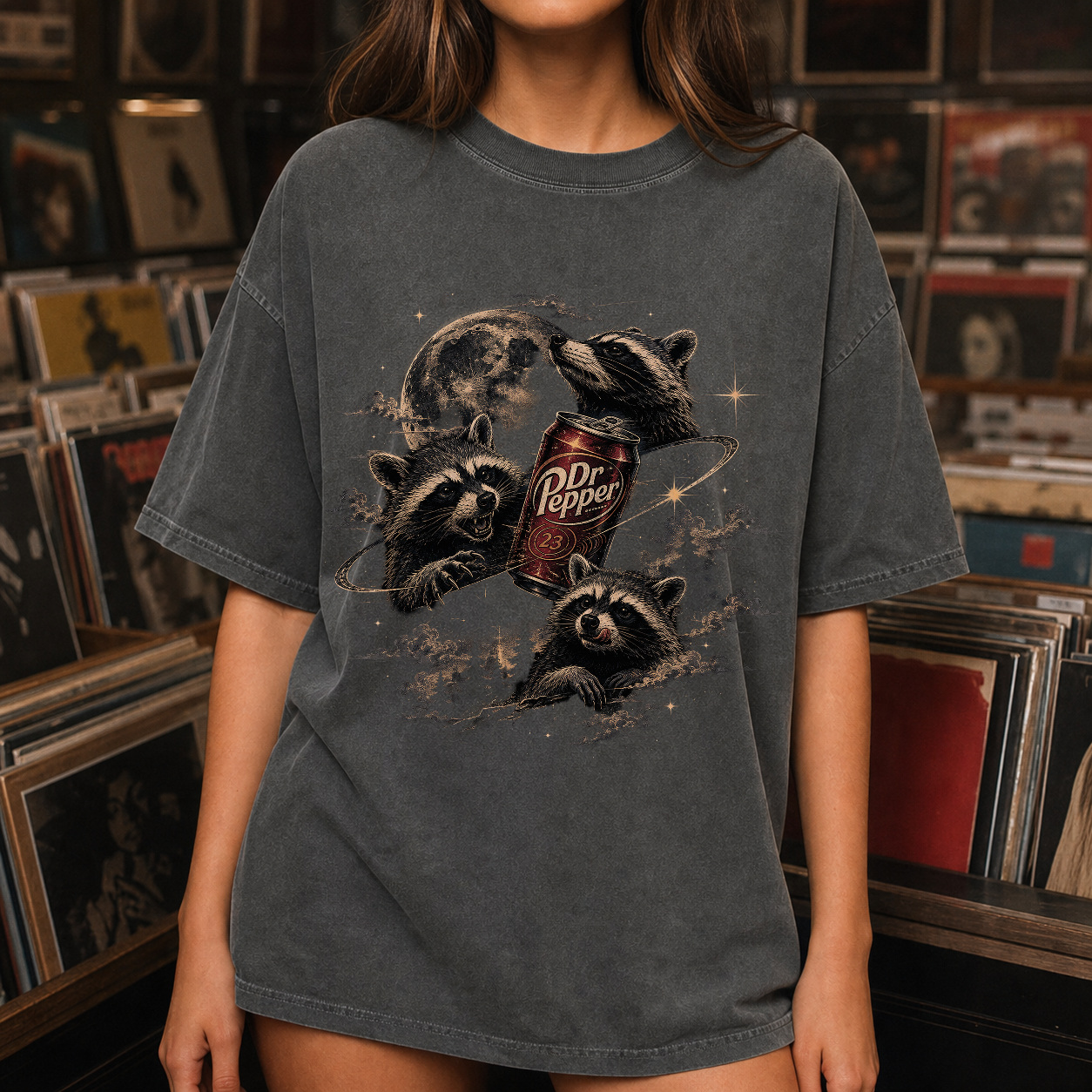Vintage Retro Raccoon Moon Funny Graphic Tee product view 4