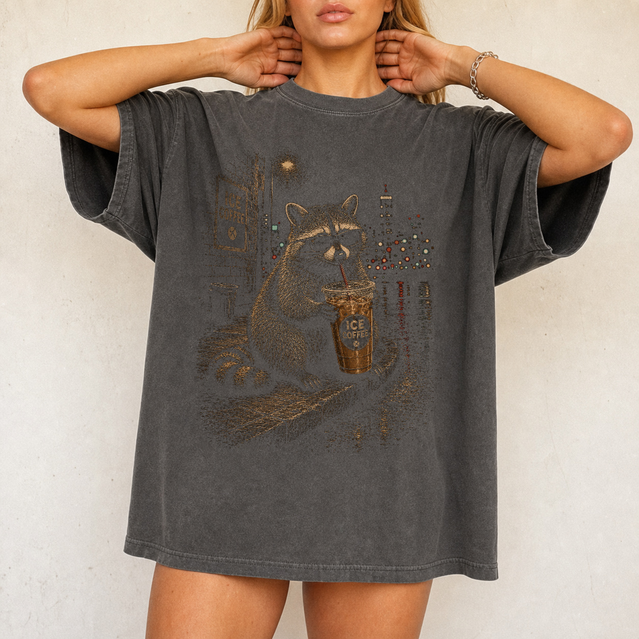 Vintage Retro Iced Coffee Raccoon Graphic Tee product view 2