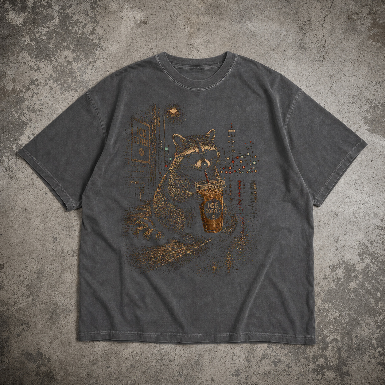 Vintage Retro Iced Coffee Raccoon Graphic Tee product view 3