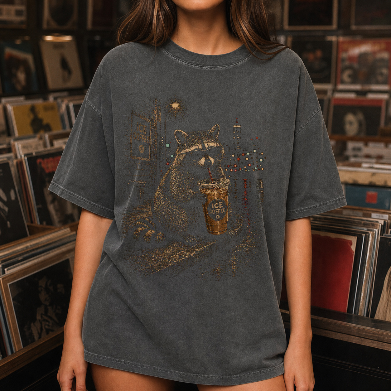 Vintage Retro Iced Coffee Raccoon Graphic Tee product view 4