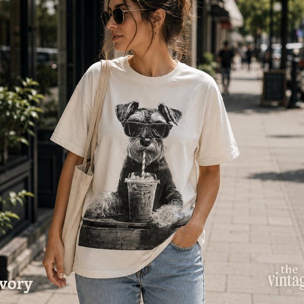 Vintage Retro Schnauzer Drinking Iced Coffee Graphic Tee vintage graphic tee by TheVintageBy